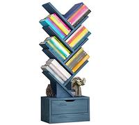 Libreria a forma di albero a 8 ripiani per CD/DVD con cassetto, organizer autoportante per soggiorno, camera da letto, studio, design elegante blu per la decorazione della casa