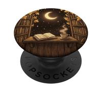Libreria a forma di luna, per biblioteca, tazza da caffè, motivo a stelle PopSockets PopGrip Adesivo