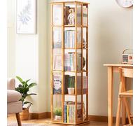 Libreria a torre girevole a 360° con contenitore, altezza da pavimento, in acrilico trasparente e bambù, per camera da letto, aula, sala giochi