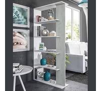 Libreria Columbia, Mobile portalibri bifacciale a 5 Ripiani, Scaffale divisorio da Ufficio o cameretta, 90x25h180 cm, Bianco e Cemento
