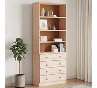 Libreria con Cassetti ALTA 77x35x186, 5cm in Legno Massello di Pino - Rustic Bookcase with 4 Open Compartments 4 Drawers for Living Room, Office - Solid Pine Wood Storage Books, Magazines, Documents