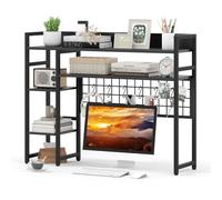 Libreria da scrivania, a 4 ripiani, per casa e ufficio, con ripiani aperti, pannello a griglia e dispositivo anti-ribaltamento, per monitor fino a 32", espositore nero