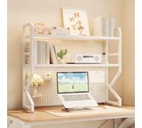 Libreria da scrivania a doppio strato, ripiano in metallo con pannello a griglia, scaffale portaoggetti multiuso da banco, adatto per casa, ufficio, dormitorio(White double layer,55cm/21.6in)