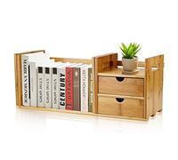 Libreria da Tavolo Allungabile in Bambù con 2 Cassetti, Organizer da Tavolo in Legno Naturale, Mini Custodia per Libri Fai da Te
