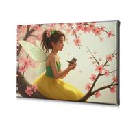 Libreria decorativa a forma di fatina con ali che tiene un uccello tra i fiori di ciliegio in fiore. Quadro decorativo su tela, decorazione per il bagno, decorazione pasquale (40 x 60 cm)