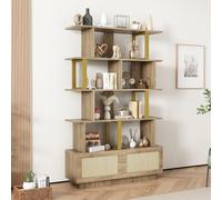 Libreria di alta qualità con ante in rattan e dispositivo di sicurezza, 105 x 31,7 x 160 cm, ripiani aperti, moderna libreria, scaffalatura, combinazione di legno/metallo