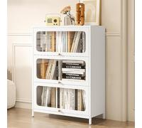 Libreria in acciaio con ante trasparenti e gambe dritte, moderna armadio da cucina per soggiorno, ufficio o casa (bianco)