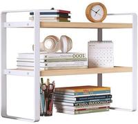 Libreria in Legno da Ufficio, Organizzatore di Libri e File per Scrivania (Colore Bianco+Legno, 2 Piani)