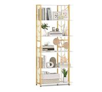 Libreria indipendente a 5/6 ripiani, struttura in metallo resistente, espositore in legno con kit anti-ribaltamento, elegante libreria per casa, ufficio e soggiorno (oro e bianco, 80 x 31 x 180 cm)