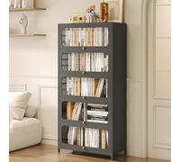 Libreria moderna in acciaio con ante trasparenti e gambe dritte, in metallo, rettangolare, per cucina, dispensa, per soggiorno, ufficio, casa, autoportante, vetrinetta (grigio)