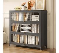 Libreria moderna in acciaio con ante trasparenti, mobiletto autoportante in metallo per cucina, dispensa, forma rettangolare, con gambe dritte, vetrinetta per soggiorno, ufficio, casa, colore grigio