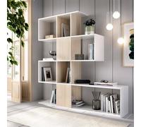 Dmora - Libreria Moneglia, Scaffale da ufficio multiuso, Mobile biblioteca portalibri a 4 ripiani, 145x29h145 cm, Bianco e Rovere