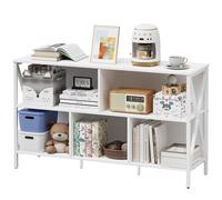 Libreria orizzontale, industriale moderna a 5 cubi, bassa e larga, organizer lungo in legno e metallo, scaffale aperto, scaffale corto per libri, camera da letto, per casa, ufficio, soggiorno (bianco,