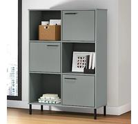 Libreria Oslo grigio 90 x 35 x 128,5 cm, legno massello di pino, gambe in metallo, 6 scomparti, 3 porte, robusto scaffale per soggiorno