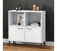 Libreria Oslo, in legno massello bianco, 90 x 35 x 90,5 cm, con gambe in metallo, 4 scomparti, spazio per libri e decorazioni, design robusto per soggiorno, studio
