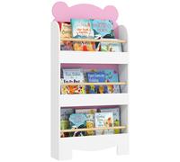Libreria per Bambini 55x15x110 cm a Forma di Orsetto a 3 Ripiani con Barriere Frontali in MDF e Legno Rosa