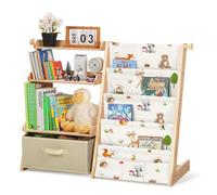 Libreria per Bambini con 4 Ripiani e 3 Scomparti Aperti, Scaffale Giochi Bambini con Scatole e 3 Tasche, Scaffale Portagiochi per Camerette, Librerie Montessoriana per Bambino e Bambina (Animali)