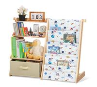 Libreria per Bambini con 4 Ripiani e 3 Scomparti Aperti, Scaffale Giochi Bambini con Scatole e 3 Tasche, Scaffale Portagiochi per Camerette, Librerie Montessoriana per Bambino e Bambina (Astronauti)