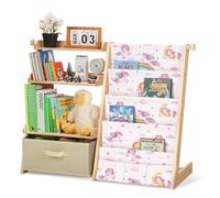 Libreria per Bambini con 4 Ripiani e 3 Scomparti Aperti, Scaffale Giochi Bambini con Scatole e 3 Tasche, Scaffale Portagiochi per Camerette, Librerie Montessoriana per Bambino e Bambina (Unicorno)