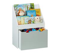 Relaxdays Libreria per Bambini con 3 Ripiani e Cesta Portagiochi, HLP 70x50,5x28 cm, da Cameretta, in MDF, Bianco Grigio, Fibra di Legno
