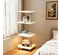 Libreria rotante con luci a LED, libreria girevole su ruote, scaffale girevole a 360°, 3 ripiani in acrilico trasparente, per angolare, camera dei bambini, camera da letto e soggiorno, bianco