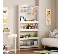Libreria Stretto Dietro La Porta a 4-Livelli, Scaffale in Legno con Ganci, Scaffali Espositivo Salvaspazio, per Camera da Letto, Soggiorno, Sala Studio