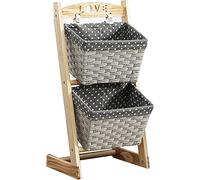 Libreria verticale a torre con cestini di vimini, giocattolo decorativo per giocattoli, cibo, snack e libri, grigio, 2 ripiani, 35,5 x 28 x 71 cm
