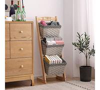Libreria verticale a torre con cestini in vimini, colore grigio, 3 ripiani, per giocattoli, cibo, snack e libri, 35,5 x 28 x 99 cm
