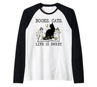 Libri Cats Life is Sweet Funny Cat Book Lovers Uomini Donne Adolescenti Maglia con Maniche Raglan