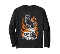 Libri di magia occulta di Witchy Creepy Goth Cat Skull Flames Maglia a Manica