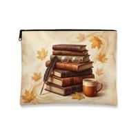 Libri in tela con cerniera, accogliente tazza da caffè artistica con piuma d'oca marrone portatile con cerniera borsa cosmetica per viaggi, vanità, bagno, borsa per riporre oggetti e uso quotidiano