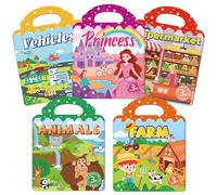 Libri Stickers Bambini Attacca e Stacca - Set 5 Libri Adesivi Riutilizzabili Jelly per 2 3 4 Anni, Libro Adesivi per Bambini Maschio e Femmina, Temi Fattoria Animali Principessa Veicoli Supermercato