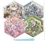 Libro degli adesivi della stanza, 4 set Scene di adesivi 3D cartone animato, negozio di gelati, cabina, cottage a soppalco, comodo negozio di casa 3d fai-da-te con pinzette, stress sollievo isometric