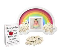 Libro degli ospiti con cornice arcobaleno per baby shower, alternativa con 30 cuori in legno per la prima foto del bambino, decorazione per la gravidanza, regalo (arcobaleno)