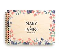 Libro degli ospiti in legno personalizzato per matrimonio, con nome e data, quaderno a spirale con bordo floreale ad acquerello, ricordo rustico bohémien, album dei ricordi rilegato