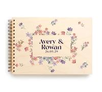 Libro degli ospiti in legno personalizzato per matrimonio, copertina floreale ad acquerello con fiori di campo, nomi e data personalizzati, ricordo rilegato a filo, regalo di nozze rustico boho