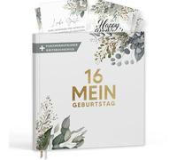 Libro degli ospiti per il 16° compleanno con etichette per vino, libro dei ricordi effetto eucalipto, regalo per famiglia e amici da compilare senza domande, copertina rigida, 72 pagine (16°