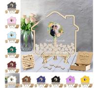 Libro degli Ospiti Personalizzato a Forma di Casa Moderna con 30-90 Cuori di Legno, Libro degli Ospiti Rustico per Sposa e Sposo, Libro degli Ospiti Personalizzato con Foto, Alternativa alla Scatola