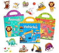 Libro di adesivi riutilizzabili a partire dai 2 anni, libri adesivi (veicoli+animali+dinosauri) per bambini a partire dai 2 anni, impermeabile