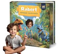 Libro di fiabe personalizzato con dinosauro - Libro con copertina morbida personalizzabile e foto, per bambini da 0 a 8 anni - Una storia su tuo figlio che va in un'avventura e un amico dinosauro