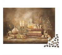 Libro di incantesimi, bottiglie di pozioni, candele, erbe e ossa su un tavolo|| Puzzle Divertenti Per Tutta La Famiglia 1000pcs (75x50cm) Adulti