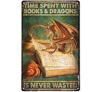 Libro di lettura del drago Tempo trascorso con libri e draghi non è mai sprecato placca da parete in metallo decorazione per esterni interni studio pannello murale retrò vintage 36 x 35 cm
