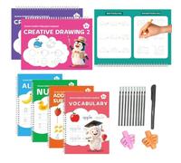 Libro di pratica di scrittura per bambini 6 pezzi riutilizzabile | Libro di ricalco dell'alfabeto del vocabolario del numero di addizioni e sottrazioni per bambini in età prescolare, asilo