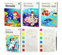 Libro magico a colori per bambini, set di 4 libri di attività per bambini, libri da colorare per bambini dai 4 agli 8 anni, kit per pittura a tema unicorno e sirena, con pennello, regalo di ritorno