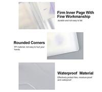 Libro portaoggetti con adesivi A6 e cartella organizer da 40 pagine per mini cartoline, busta informativa sui materiali in PP trasparente con design ad angoli arrotondati, borsa