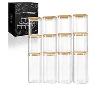 LIBWYS Set di 12 barattoli quadrati con coperchio, in 2 misure: 1000 ml, 600 ml, da cucina, ermetici, con coperchio in bambù, in vetro borosilicato, Trasparente