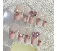 Liccom Press-on Nails “Crema del Cuore” - Dolcezza Essenziale e Raffinata,Nude e Rosa Crema Cuori Luminosi e Strass Delicati,Facile Applicazione, Riutilizzabili (S, L. da 26mm a 30mm, Ballerina)