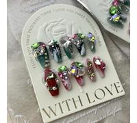 Liccom Press-on Nails “Neve e Fiamma di Natale” Incanto Natalizio tra Verde Innevato e Rosso Fuoco, Cristalli e Perle,Facile Applicazione, Riutilizzabili. (S, L. da21mm a 25mm, Ballerina)