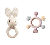 LICHENGTAI Giocattolo Sonaglio Neonati in Legno Set di Massaggia Gengive per Neonati Sonagli Sensoriali Neonato con Anello Massaggiagengive per Bambini