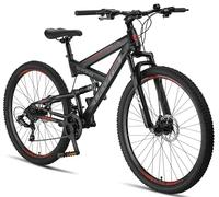 Licorne Bike Strong 2D Premium Mountain Bike, Bicicletta per ragazzi, ragazze, donne e uomini - Freno a disco anteriore e posteriore - 21 marce - Sospensione completa (nero/rosso, 29.00)